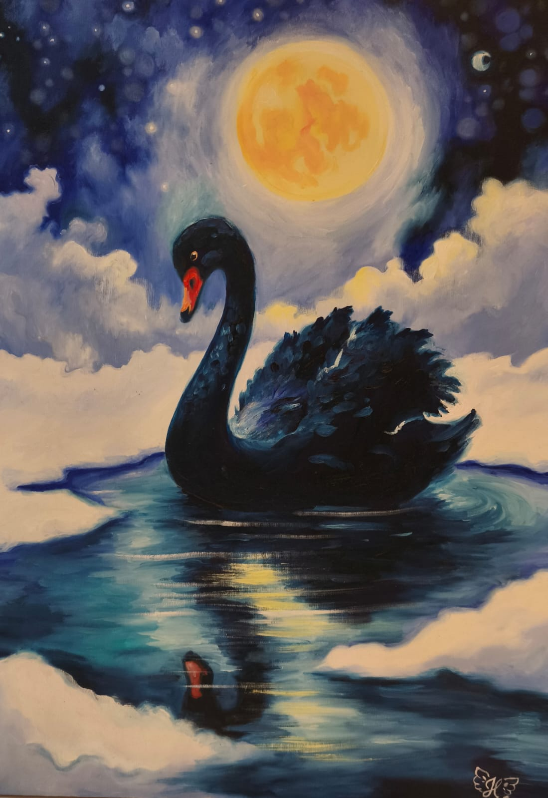 Cisne negro e azul refletido na água sob uma lua cheia dourada