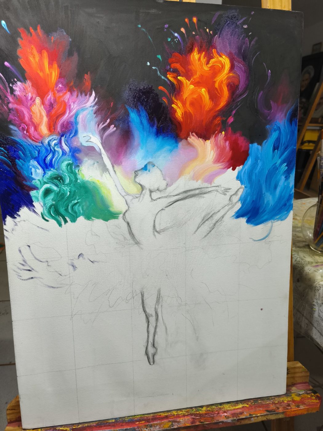 Tela com explosão de cores ao redor do desenho da bailarina