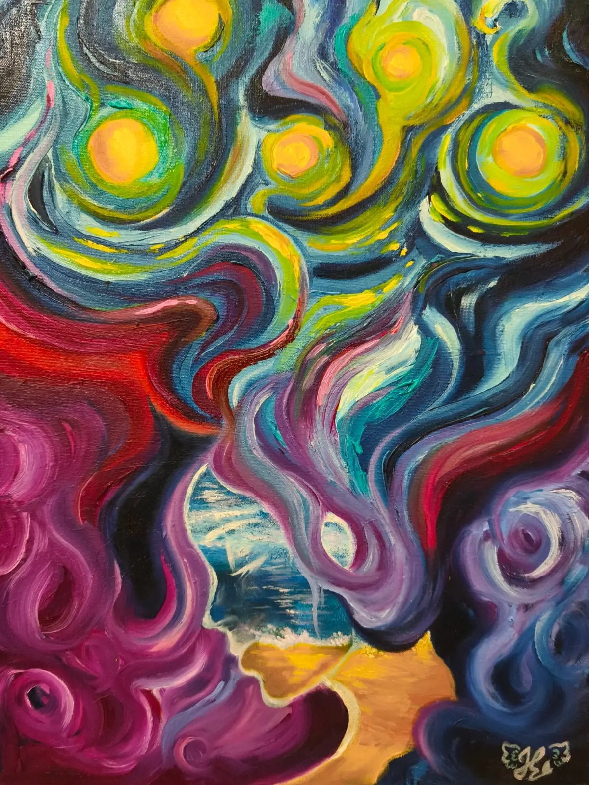 Pintura abstrata com redemoinhos roxos, azuis e amarelos formando faces e movimento